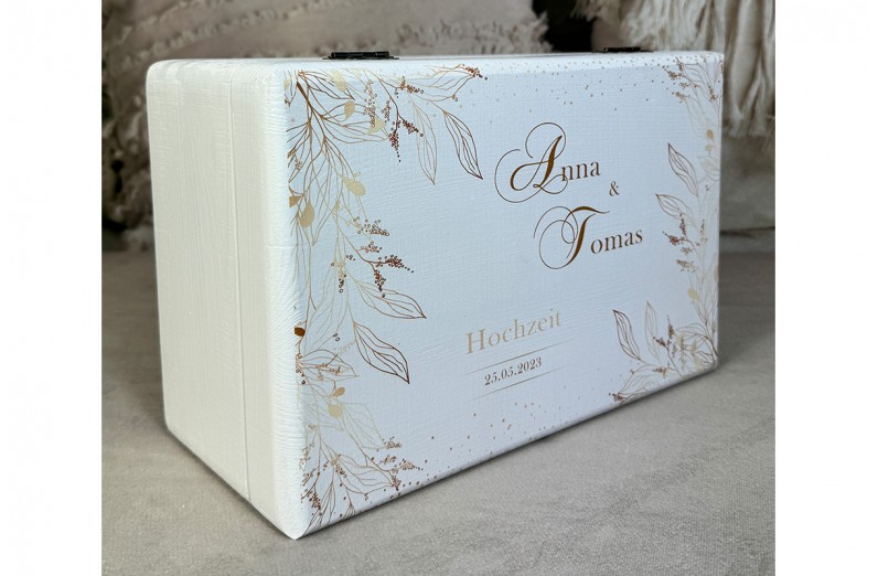 Hochzeitsbox mit goldenen Blättern und Schrift, Erinnerungskiste Hochzeit personalisiert