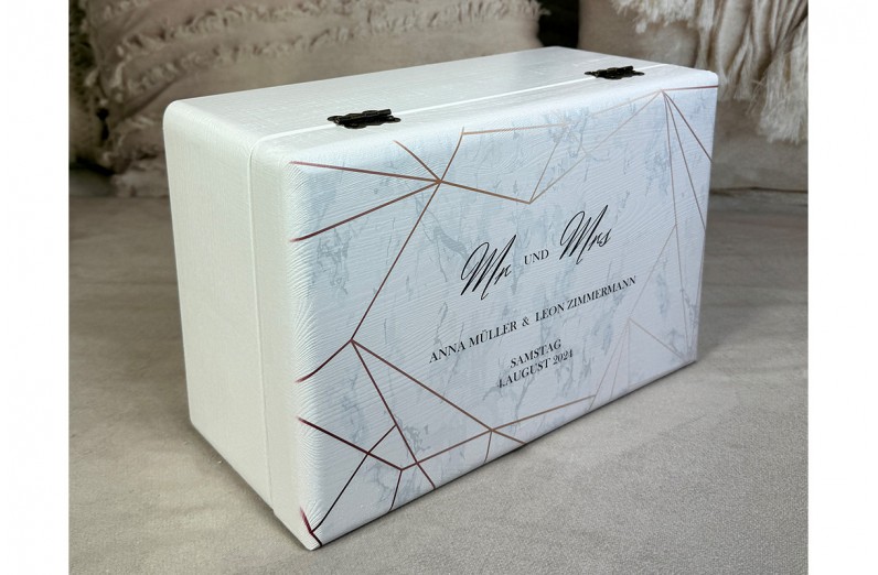 Hochzeitsbox mit goldenem Rahmen ,abstrakt, Erinnerungskiste Hochzeit personalisiert