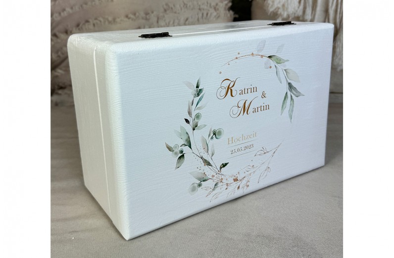 Hochzeitsbox Floral, Eukalyptus Kranz, Erinnerungskiste Hochzeit personalisiert