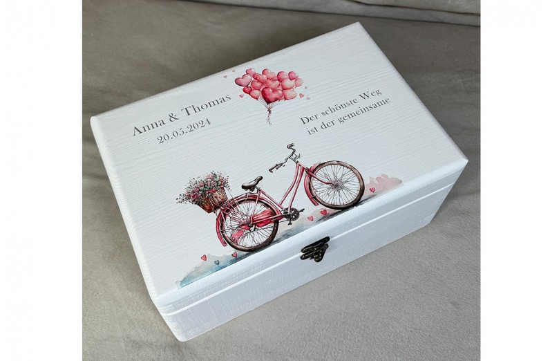 Hochzeitsbox mit Fahrrad Motiv, Erinnerungskiste Hochzeit personalisiert