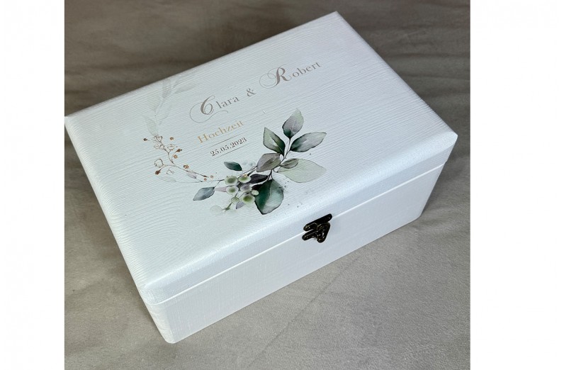 Hochzeitsbox, Erinnerungskiste Floral mit Silberschrift zur Hochzeit personalisiert