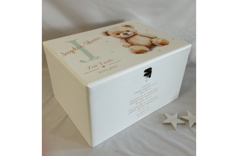 Erinnerungsbox süßer Teddy Bär,  mit Geburtsdaten personalisiert