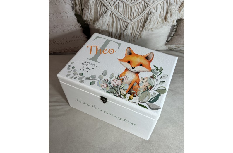 Erinnerungsbox mit süßem Fuchs, floral,  mit Geburtsdaten personalisiert