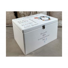 Memory box with penguin motif and dates of birth