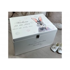 Memory box with rabbit motif and dates of birth