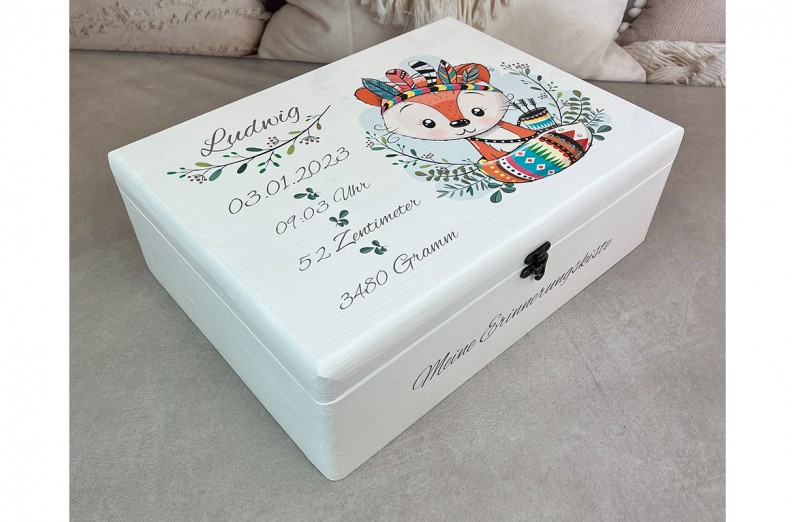 Memory box with Indian fox motif and dates of birth