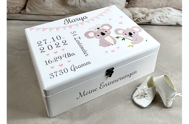 Memory box with koala motif and dates of birth