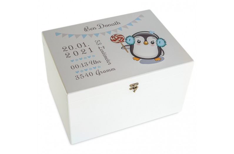 Erinnerungsbox Motiv Pinguin mit Geburtsdaten